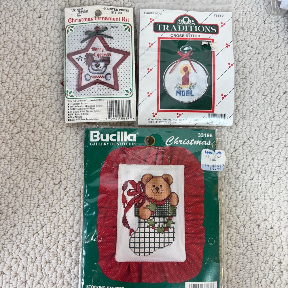 Christmas Cross Stitch Ornament Lot: 2 Mini Ornaments in Frames & 1 Pillow NOS